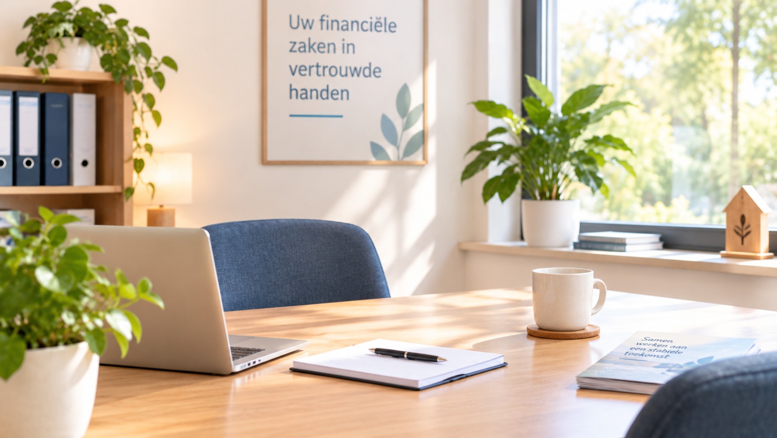 Werkplek bij Hamming Bewindvoering: een bureau met laptop, notitieblok en uitzicht op groen.