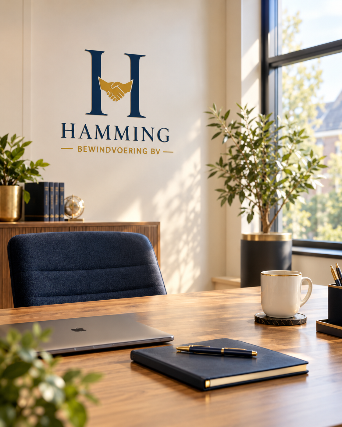 Kantoor van Hamming Bewindvoering: een bureau met laptop en notitieblok, met het logo op de wand.