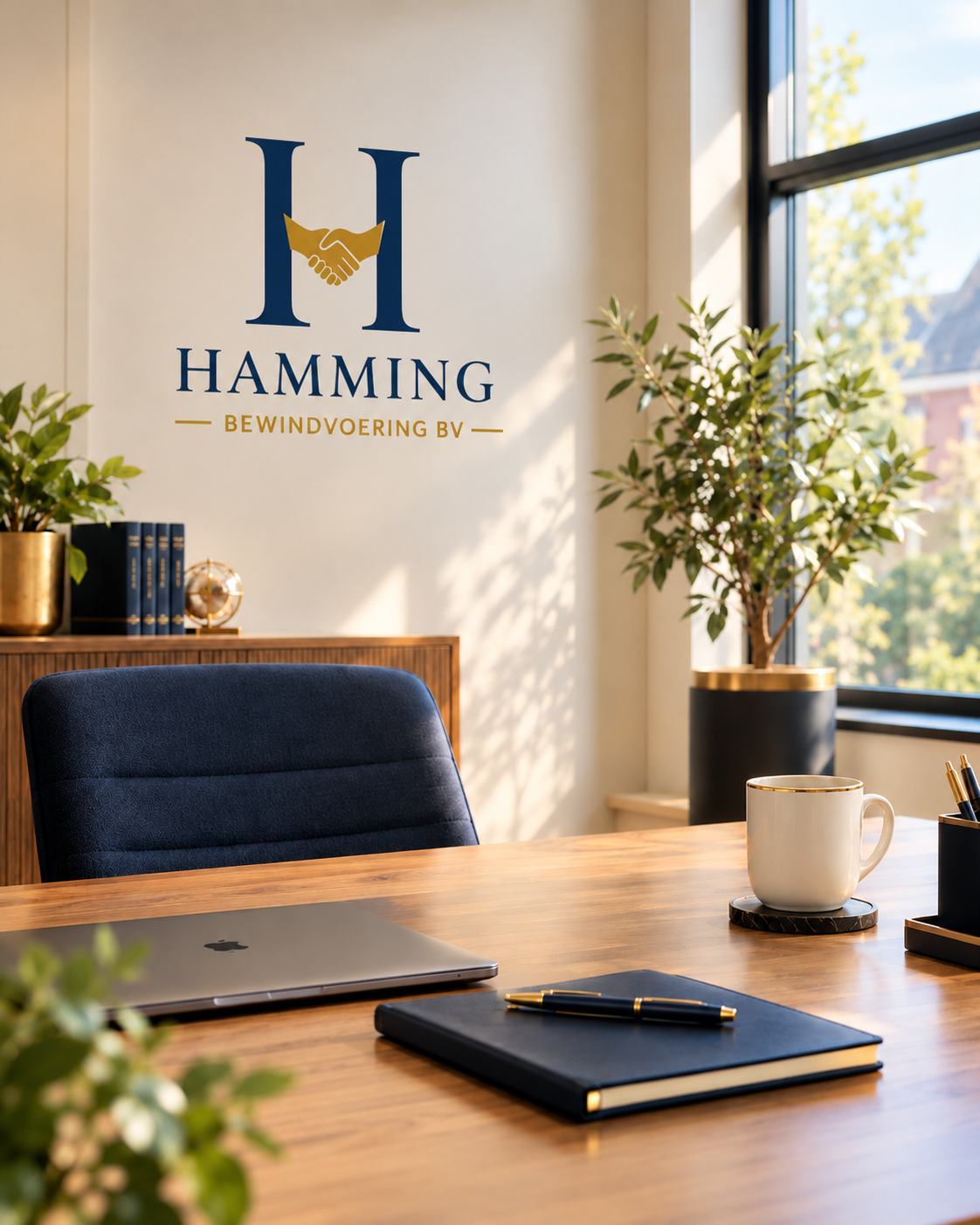 Zonnig kantoor van Hamming Bewindvoering: een bureau met laptop en notitieblok, met het logo op de wand.